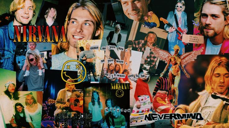 a collage of photos with the words nirvana on them and images of other people