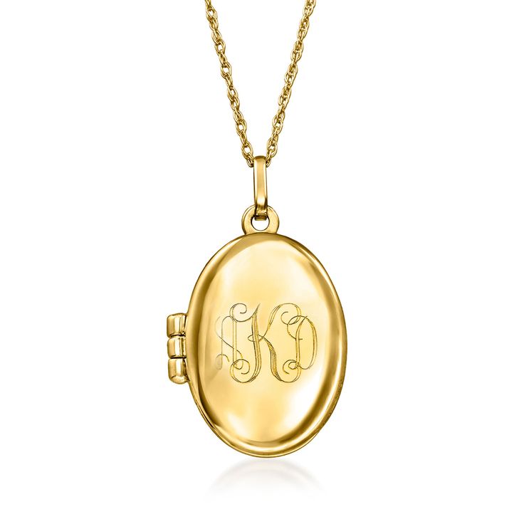 Ross-Simons - Single-Initial - 14kt Yellow Gold Oval Locket Necklace. 20". This charming locket necklace will hold your something special nice and close, so you never have to go long without it again. The oval pendant glows bright in polished 14kt yellow gold, and can be personalized with a FREE engraving of a single initial in your choice of block or script type. Fits a 3/8" x 9/16" photo inside. Suspends from a rope chain. Springring clasp, 14kt yellow gold oval locket necklace. Gold Oval Locket, Elegant Personalized Oval Link Locket Necklace, Elegant Personalized Oval Locket Necklace, Classic Oval Locket Necklace Stamped 14k, Classic Yellow Gold Locket Necklace With Oval Link, Classic Yellow Gold Oval Link Locket Necklace, Classic Yellow Gold Oval Locket Necklace, Oval Gold Locket Necklace For Personalized Gift, Gold Oval Locket Necklace For Personalized Gift