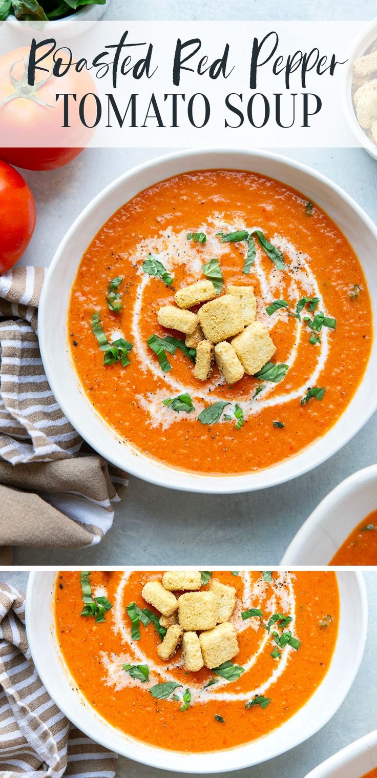 two bowls of tomato soup with croutons and parmesan cheese