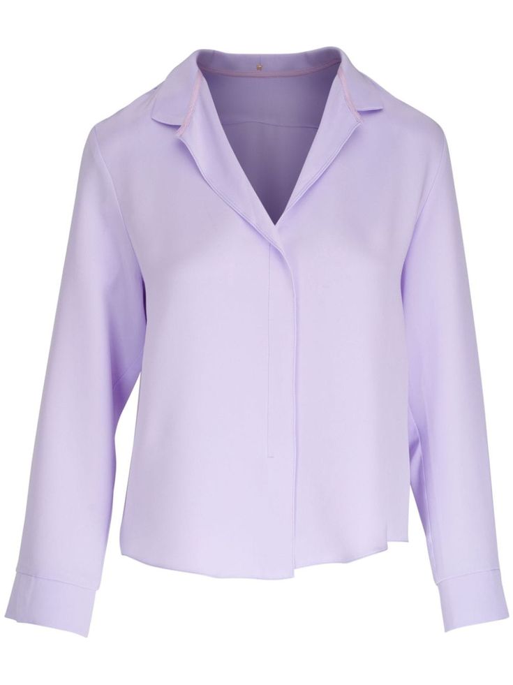 lilac purple silk twill weave notched lapels V-neck concealed front button fastening long sleeves straight hem Silk Shirt With Lapel Collar For Office, Silk V-neck Shirt For Office, Elegant Lavender Blazer For Spring, Elegant Lavender Blazer For Work, Long Sleeve Lavender Blazer For Spring, Lavender Long Sleeve Blazer For Spring, Elegant Lavender Long-sleeve Blazer, Elegant Long Sleeve Lavender Blazer, Elegant Lavender Long Sleeve Blazer