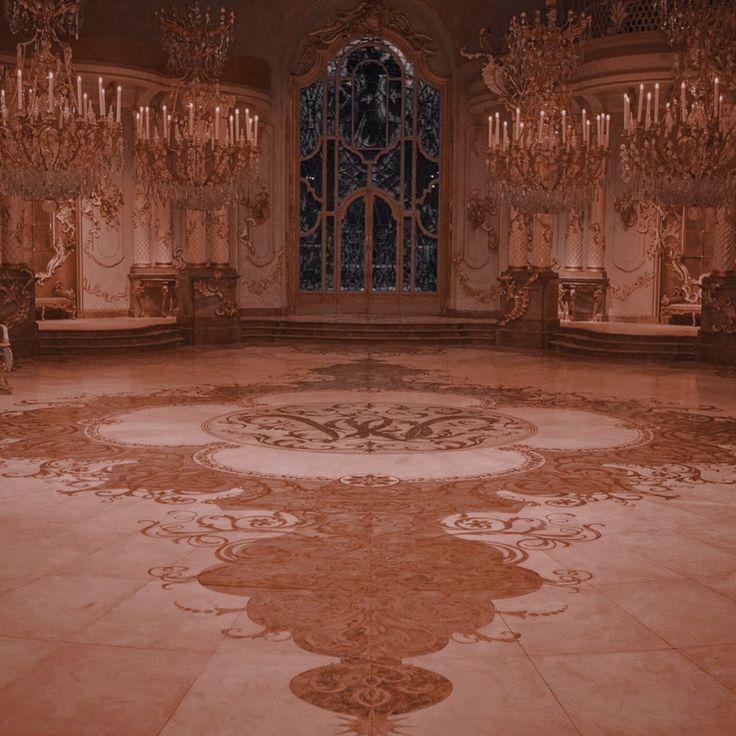 an ornate room with chandeliers and marble floors