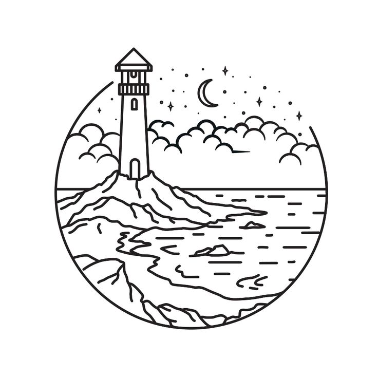 a black and white drawing of a lighthouse on the ocean with clouds in the background