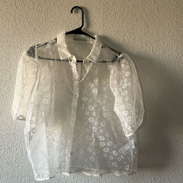 Transparent Blouse White Sheer Button-up Blouse, Sheer Collared Shirt For Spring, Collared Blouse For Daytime In Spring, Sheer Collared Summer Blouse, Sheer Collared Summer Top, Summer Sheer Collared Blouse, Summer Sheer Collared Tops, Sheer Collared Top For Summer, Sheer Collared Blouse For Summer