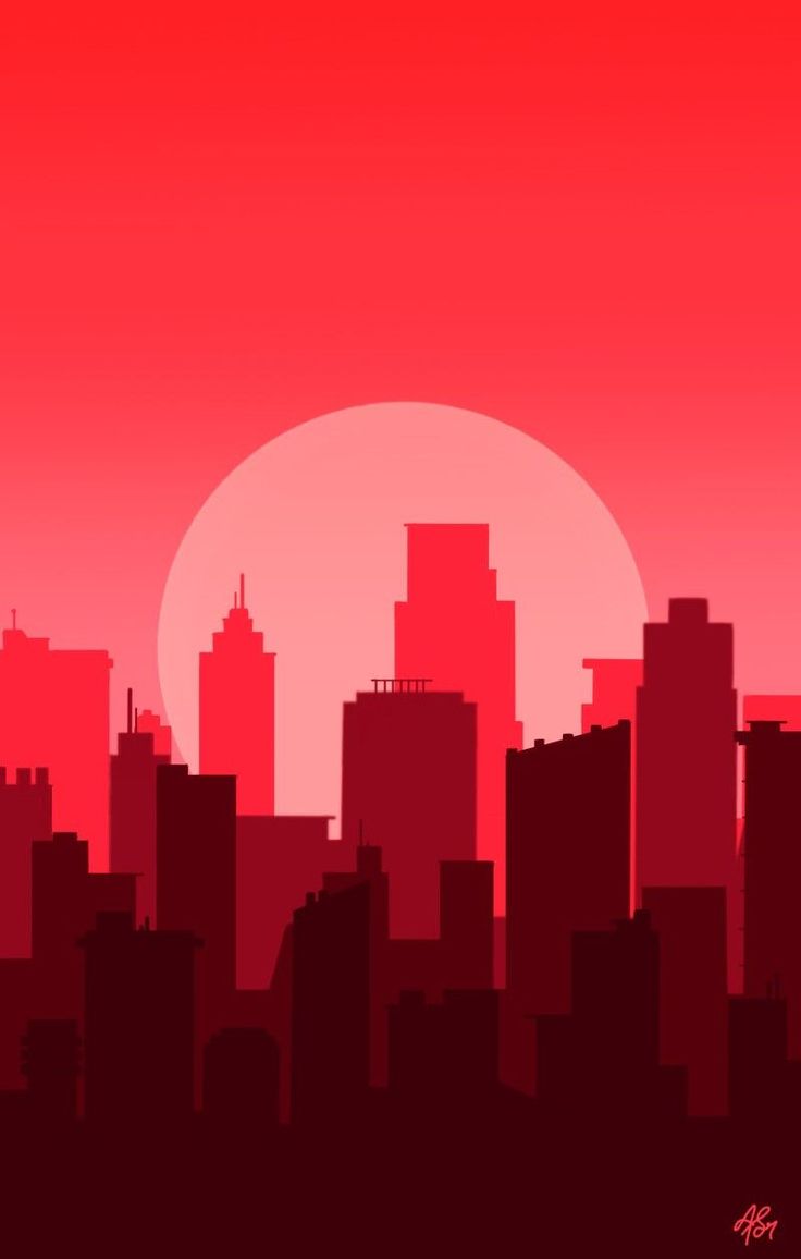 a red cityscape with the sun setting in the background and buildings silhouetted