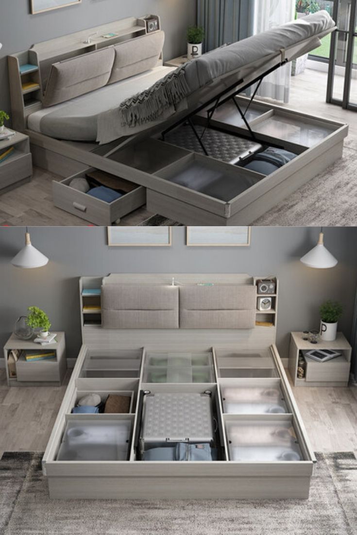 there are two pictures of a bed with drawers in the bottom, and an open drawer on the bottom