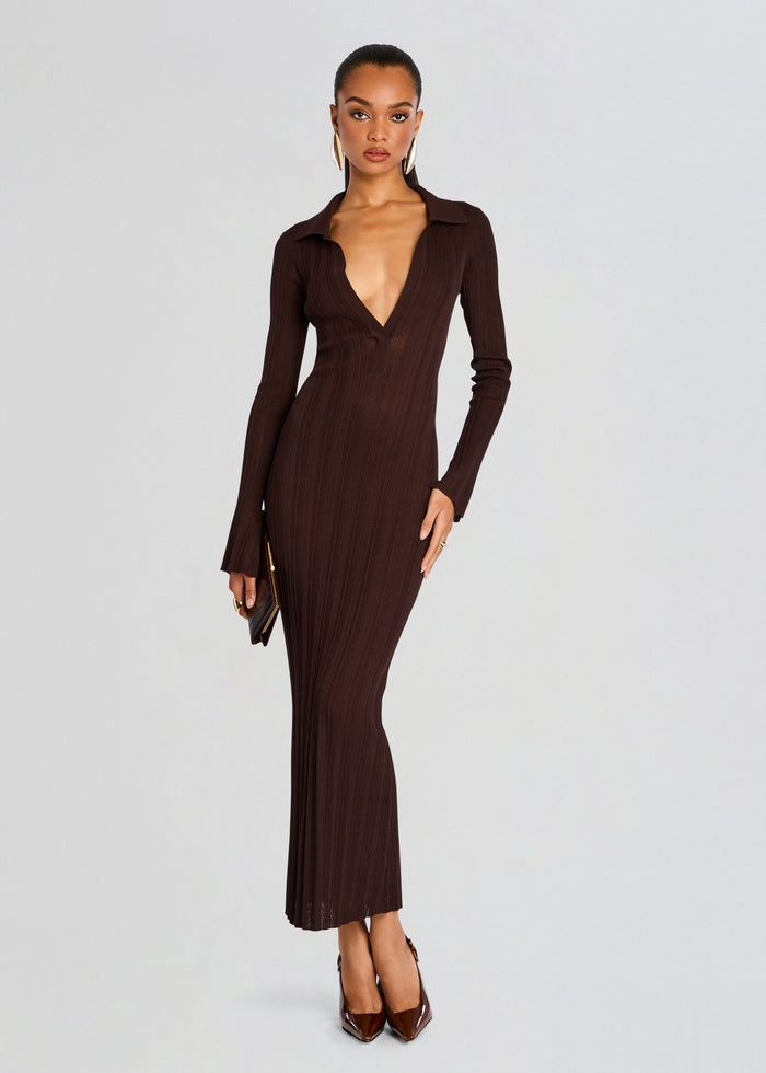 Slightly sheer v-neck maxi dress with long sleeves and a collar detail. Ribbed Knit fabrication gives a striped pattern appearance. Shown here in Ash Brown. 77% Viscose, 23% Polyester Made in China Model is 5'9" wearing size S Maxi Dress With Long Sleeves, Knit Maxi Dress, Rehearsal Dress, Ash Brown, Dress With Long Sleeves, Reception Dress, Maxi Knit Dress, Maxi Gowns, Clothing Essentials