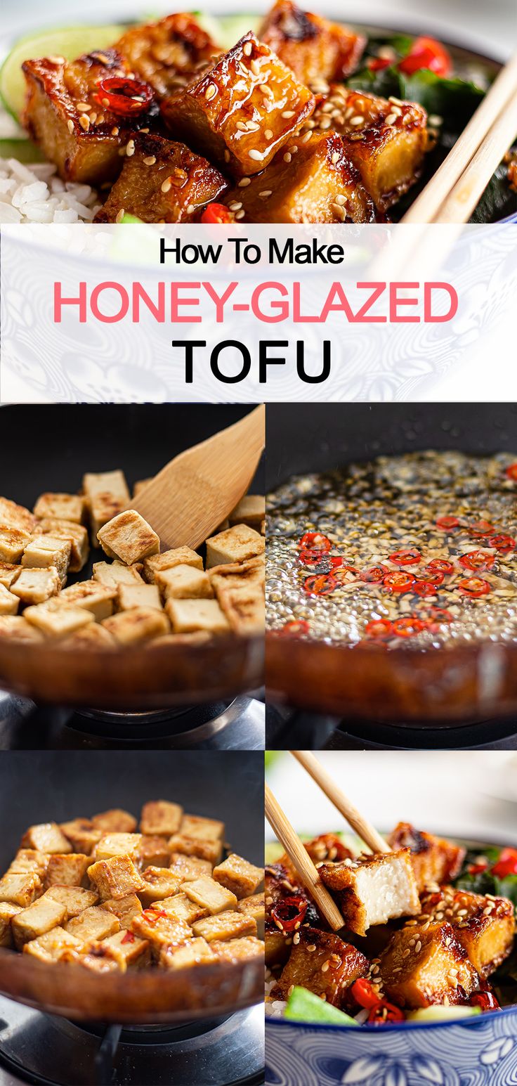 steps of making honey-glazed tofu Siracha Honey Tofu, Honey Glazed Tofu, Warm Tofu With Spicy Garlic Sauce, Tofu Glaze Recipes, Honey Tofu, Hot Honey Tofu, Glazed Tofu, Sauce For Tofu, Soy Tofu