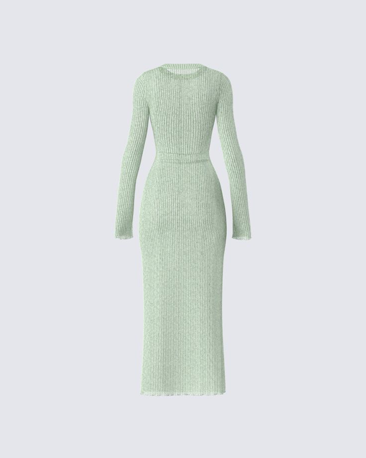 Stay in mint condition in this green sweater knit midi dress 💚 Complete with a wide rib knit stitch, a crew neck, and a midi length - this earthy dress will have everyone calling you mother 🍃😜 Chic Green Knit Midi Dress, Elegant Green Knit Midi Dress, Green Ribbed Midi Dress, Green Knit Midi Dress For Spring, Winter Green Ribbed Midi Dress, Green Crew Neck Winter Dress, Casual Green Ribbed Midi Dress, Spring Textured Knit Sweater Dress, Green Crew Neck Dress For Fall