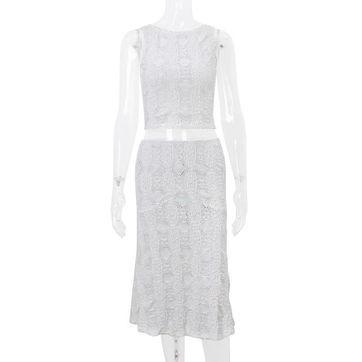 Vevesc 2 Piece Sets Skirt And Crop Top French Style Elegant White Sleeveless Midi Dress Sets Vacation Summer Women Outfits Size(CM) US EU Bust Waist Hip Sleeve Top/Skirt Length S 6 34 72 62 80 / 40/68 M 8 36 76 66 84 / 41/69 L 10 38 80 70 88 / 42/70 NOTE: 1. The size may have 2-3cm differs due to manual measurement. 2. Please strictly follow the size chart to select the size. Do not select directly according to your habits. Midi Skirt Summer, Lace Outfits, Midi Skirts Summer, White Lace Crop Top, Middle Age Fashion, Skirt Summer, Lace Outfit, Long Skirts For Women, Beach Skirt