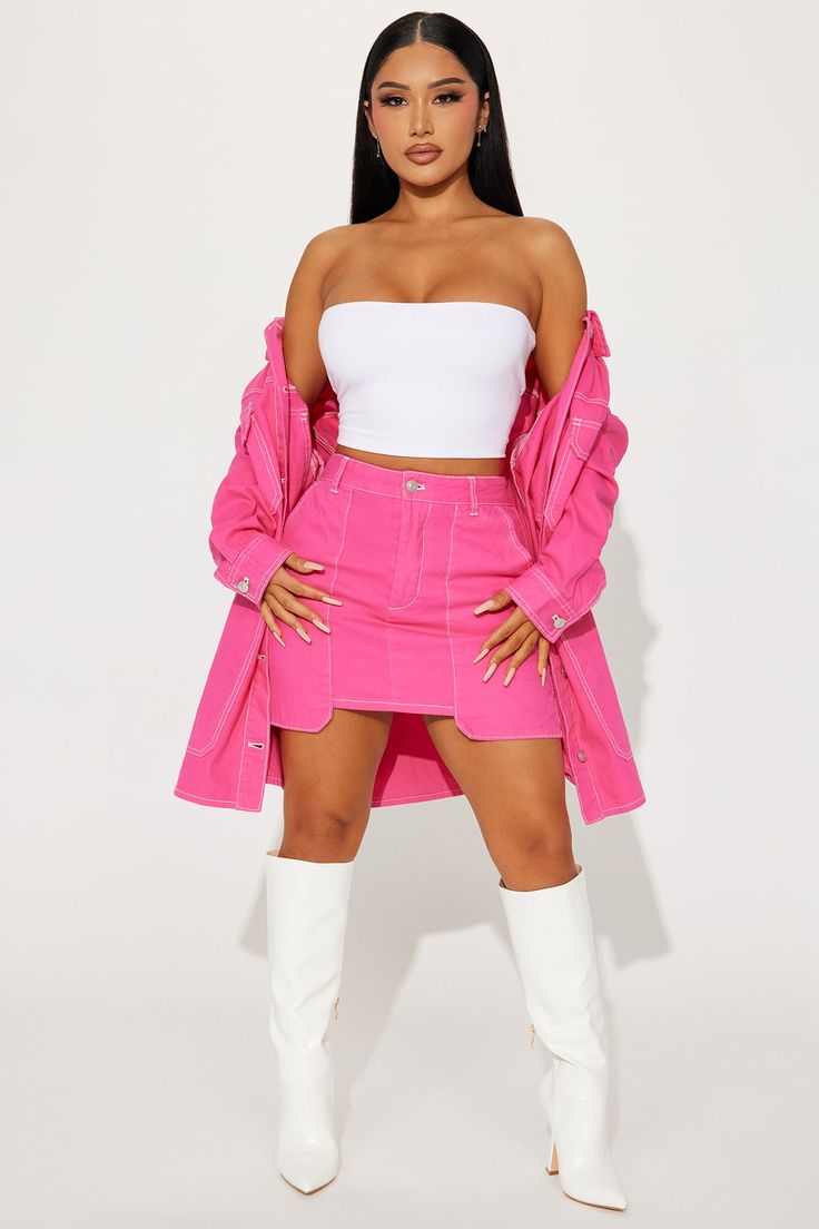 Mega Babe Denim Skirt Set - Pink | Fashion Nova, Matching Sets | Fashion Nova Pink Mini Denim Skirt With Pockets, Pink Denim Mini Skirt With Pockets, Spring Pink Denim Mini Skirt, Spring Button-up Denim Skirt With Pockets, Cotton Mini Skirt With Button Zip Fly For Spring, Spring Denim Mini Skirt With Button Zip Fly, Fitted Denim Skirt With Snap Buttons For Spring, Spring Cotton Button-up Denim Skirt, Trendy Spring Denim Skirt With Button Closure