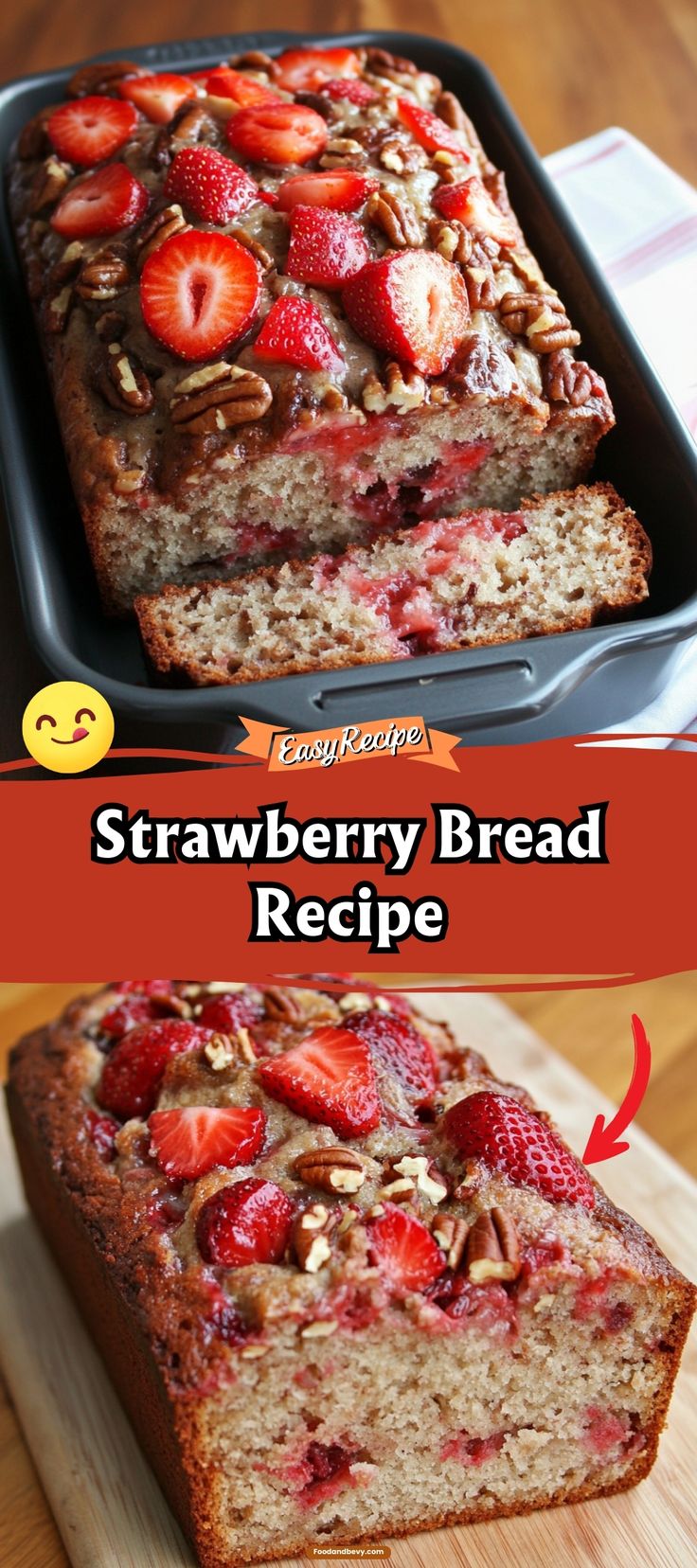 a loaf of strawberry bread on top of a cutting board next to another loaf of bread