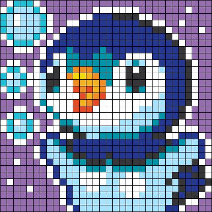 a pixellated image of a penguin with headphones on and one eye open, in front of a purple background