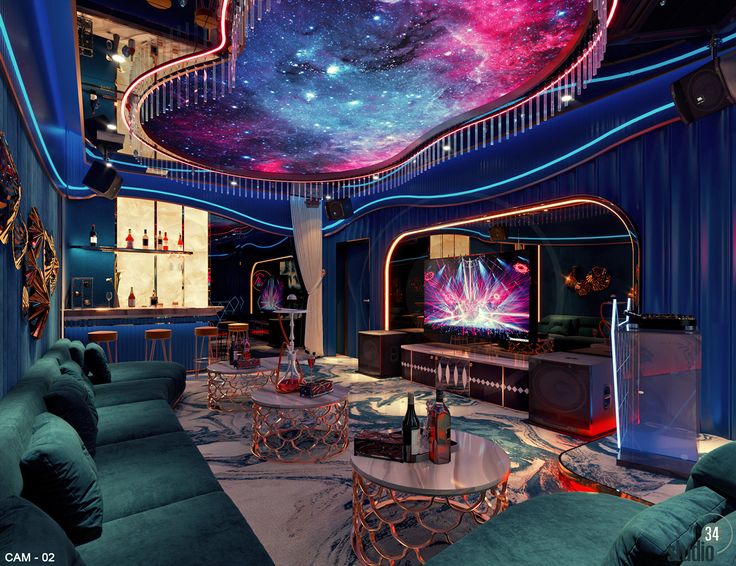 a living room filled with lots of furniture under a purple and blue sky covered in stars