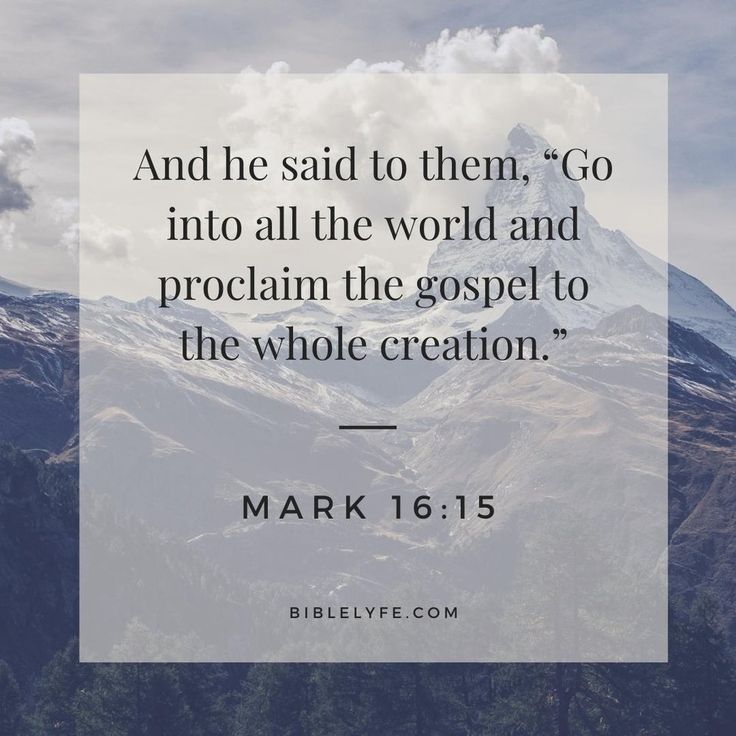 a mountain with a bible verse on it and the words, and he said to them go into all the world and proclaim the gospel to the whole creation