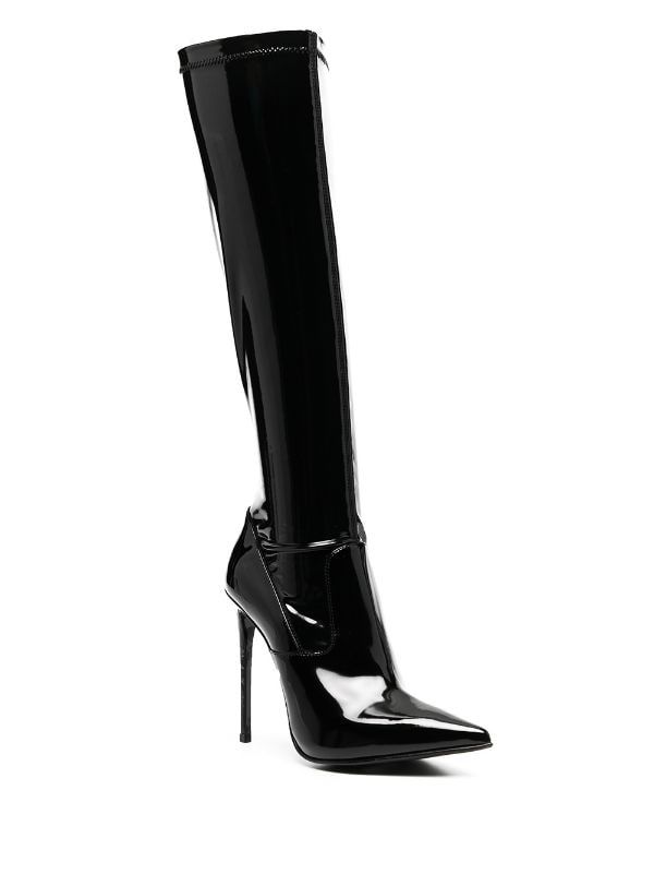 Le Silla Eva 120mm Vinyl Boots - Farfetch Elegant Glossy Evening Boots, Sleek Glossy Boots For Evening, Sleek Glossy Finish Evening Boots, Chic Glossy Finish Boots For Parties, Glossy High Heel Party Boots, Glossy Finish High Heel Party Boots, Fitted Patent Leather Knee-high Boots For Night Out, Glossy Party Boots, Patent Leather High Heel Knee-high Boots For Evening