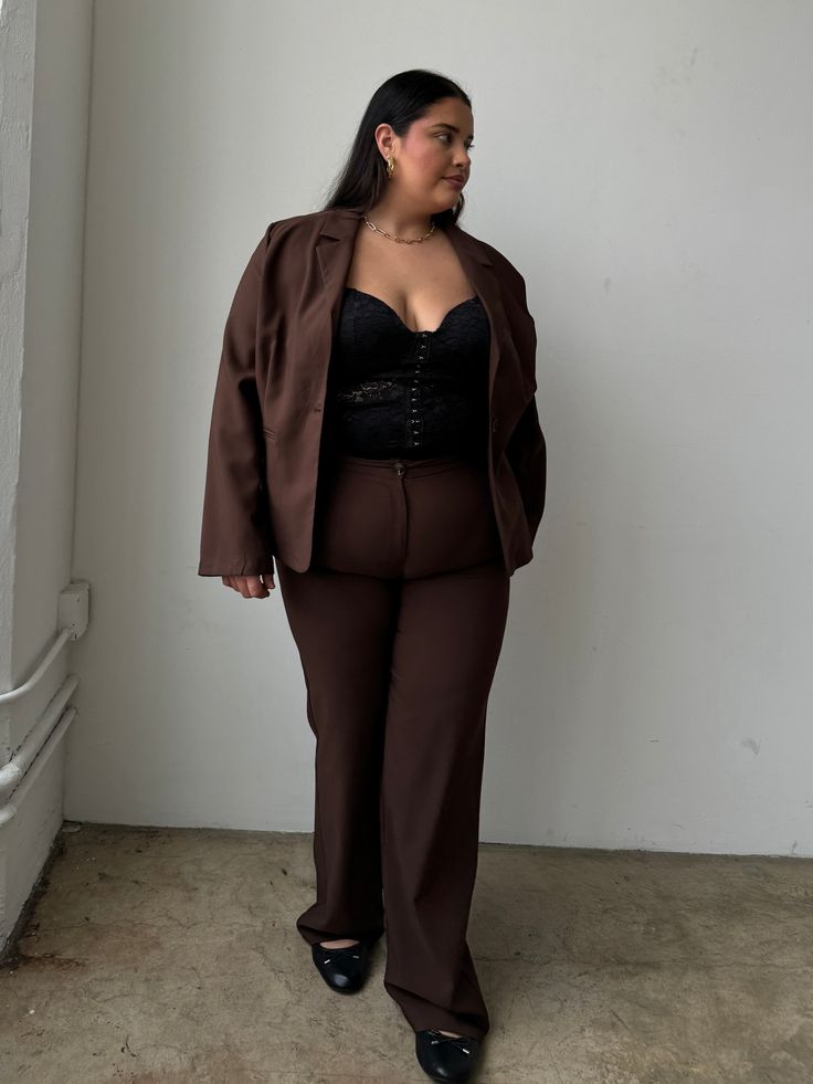 Perfect for work and for play, the Plus Size Solid Trouser Pants are a simple staple piece. Pair these plus size trousers with a blouse and a blazer for a great workplace outfit or wear them with a tank or crop top for a street-style look. Either way, they will be a great addition to your wardrobe. These pants feature hip pockets, a zipper fly and single button closure, and a full length. The material is woven and non-stretchy. These pants are made from 97% polyester and 3% spandex. Hand wash co Plus Size Trouser Suits, Corporate Plus Size, Plus Size Office Wear, Plus Size Business Attire, Plus Size Business Casual, Plus Size Office, Plus Size Trousers, Plus Size Business, Plus Size Suits