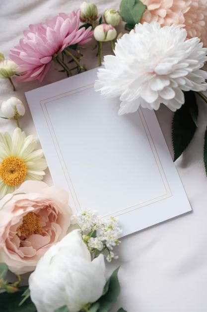 an empty card surrounded by flowers on a white sheet with space for text or image