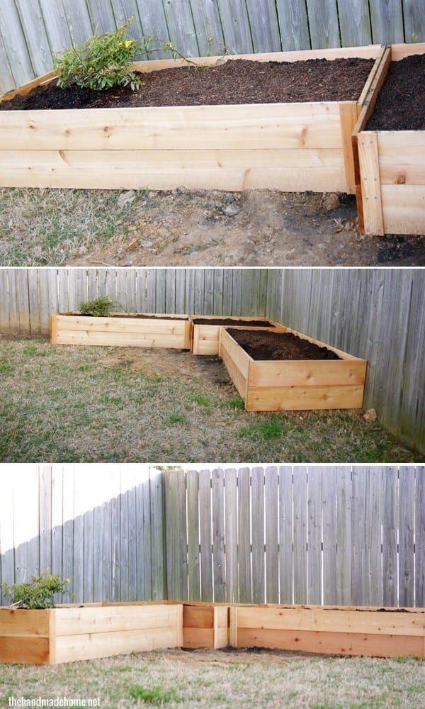 three different views of a raised garden bed