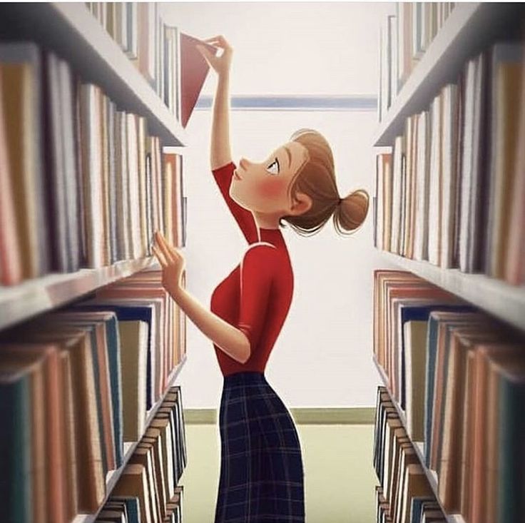 a woman in a library reaching up to reach a book on a shelf with bookshelves behind her