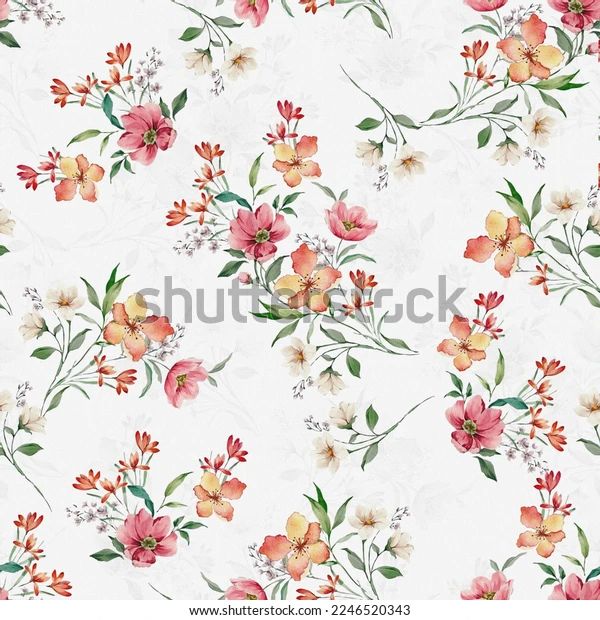 watercolor floral pattern on white background with red and yellow flowers in the center,