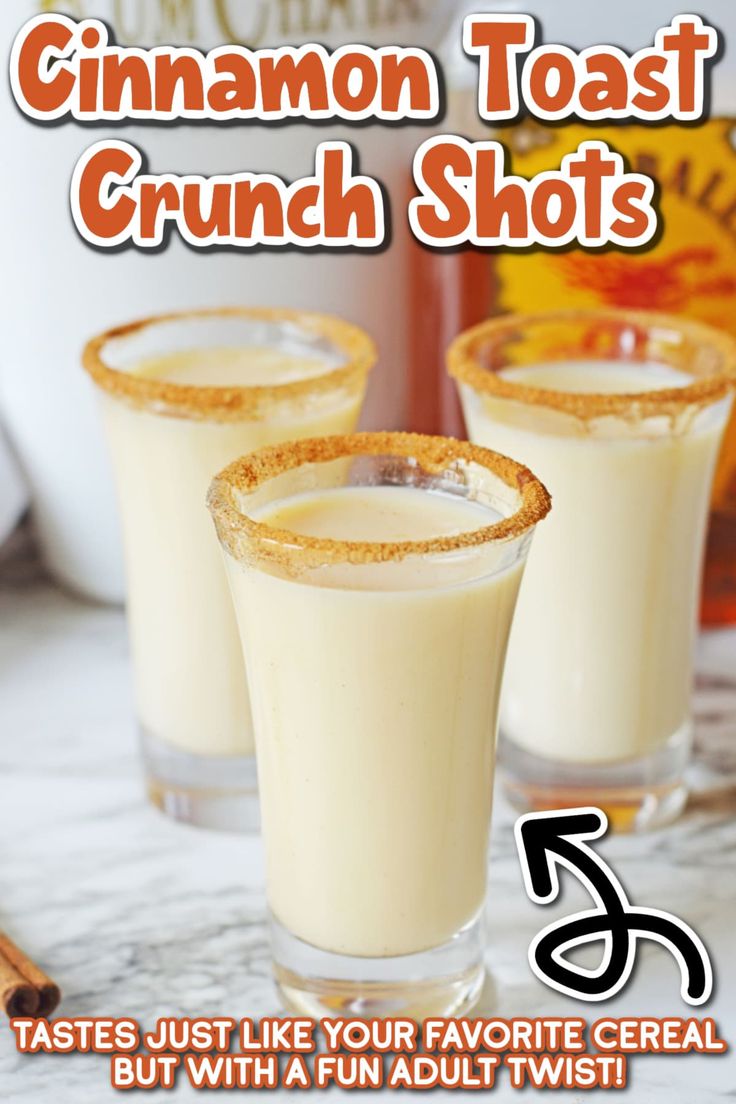 two glasses filled with cinnamon toast crunch shots