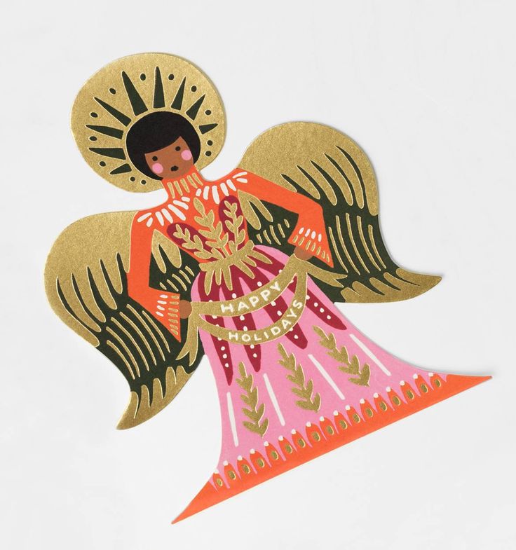 an angel with gold wings and a pink dress on it's chest, standing in front of a white background