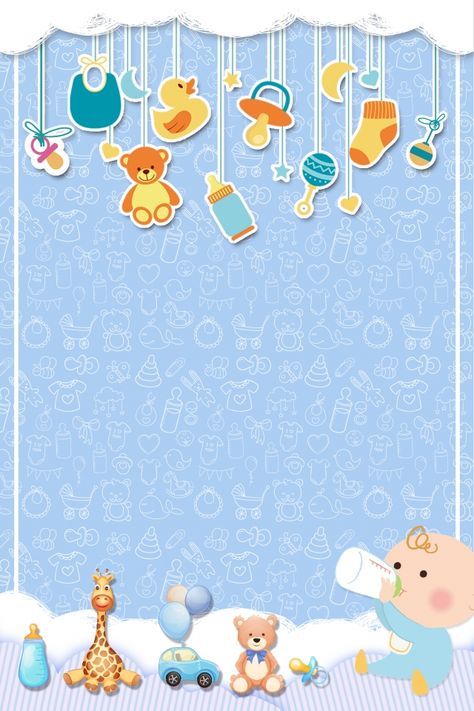 a baby shower with teddy bears and other toys hanging from the ceiling, on a blue background