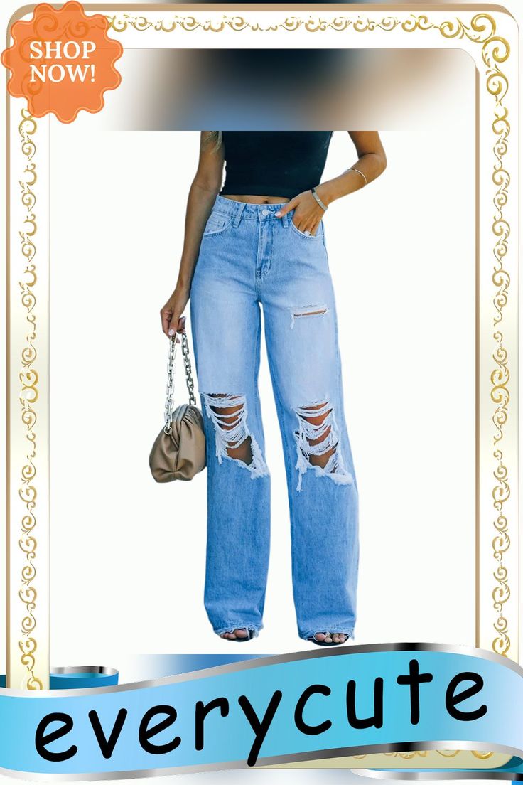 Light Blue Washed Hole Wide Leg Denim Pants Relaxed Fit Ripped Denim Pants, Blue Non-stretch Wide Leg Jeans, High-waisted Washed Blue Denim Jeans, Medium Wash Ripped Wide Leg Jeans, Ripped Blue Flare Jeans For Fall, Blue Ripped Flare Jeans For Fall, Blue Ripped Non-stretch Pants, Non-stretch Ripped Blue Pants, Blue Non-stretch Ripped Pants