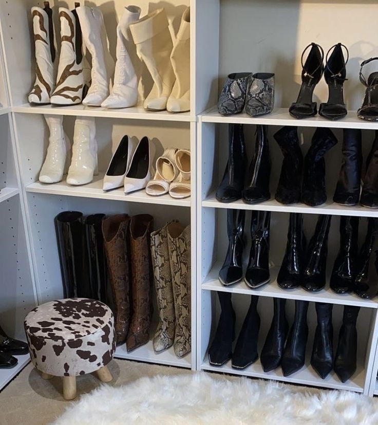 there are many pairs of shoes on the shelves