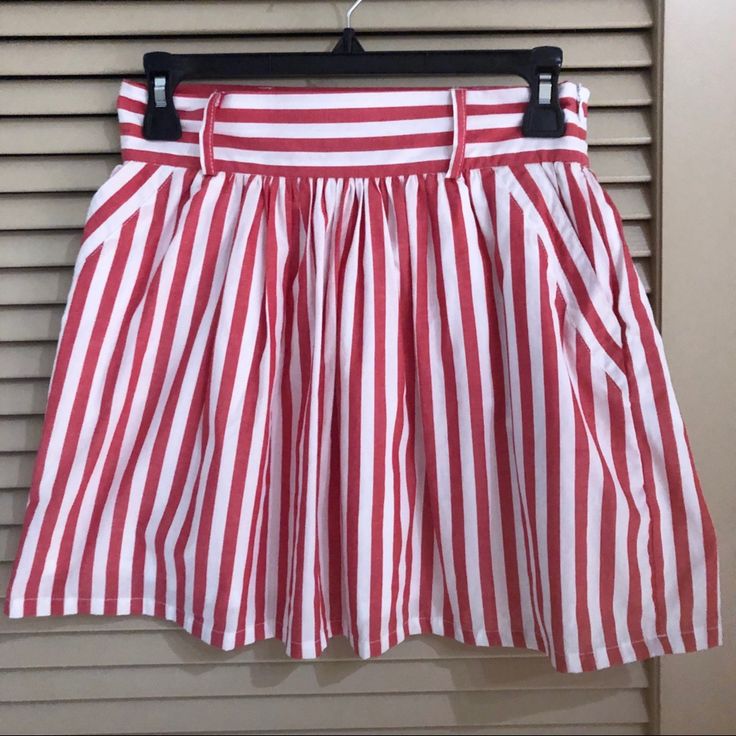 Never Worn! High Waist Pink Vertical Stripe Mini Skirt Belt Loops On Skirt Pockets!! Size S Waist - 27” Length - 16.25” Hand Wash 100% Cotton Fully Lined Smoke Free / Pet Free Home Striped Pleated Skirt Bottoms For Summer, Striped Pleated Skirt For Summer, High Waist Striped Summer Skirt, Summer High Waist Striped Skirt, High Waist Striped Skirt For Summer, Trendy Flared Skirt Shorts With Lining, Spring Striped Flared Skirt, Chic Striped Summer Skirt, Striped Summer Skirt