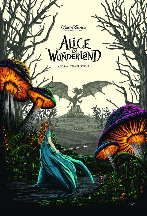 the poster for alice and the wonderland is shown in front of trees with mushrooms on them