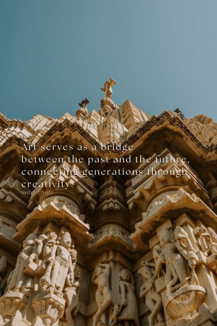 the top of a tall building with statues on it's sides and a quote about architecture