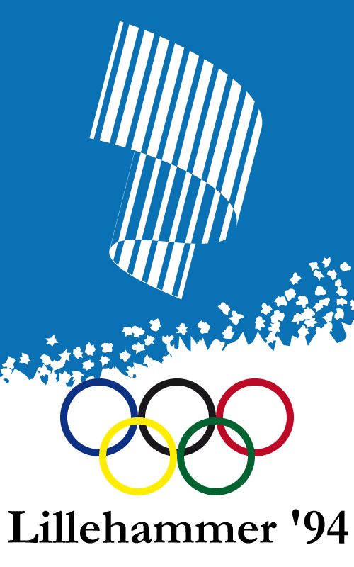 an olympic poster with the logo for the winter olympics in front of snow covered ground