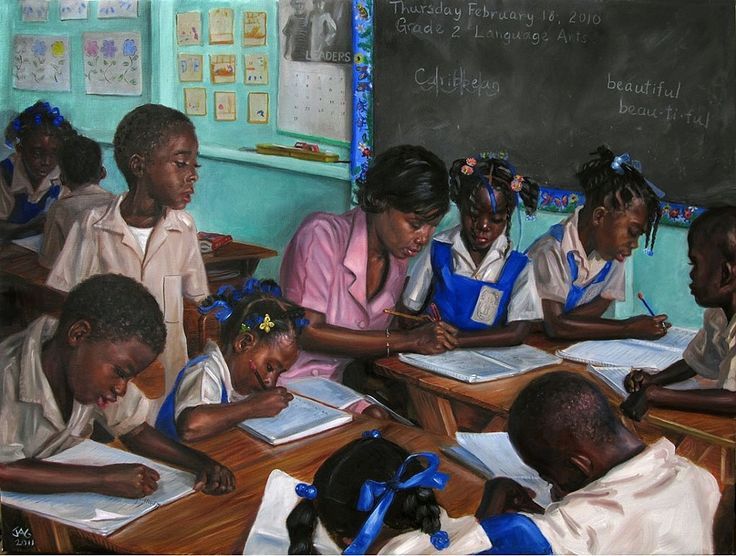 a group of children sitting at desks in front of a chalkboard