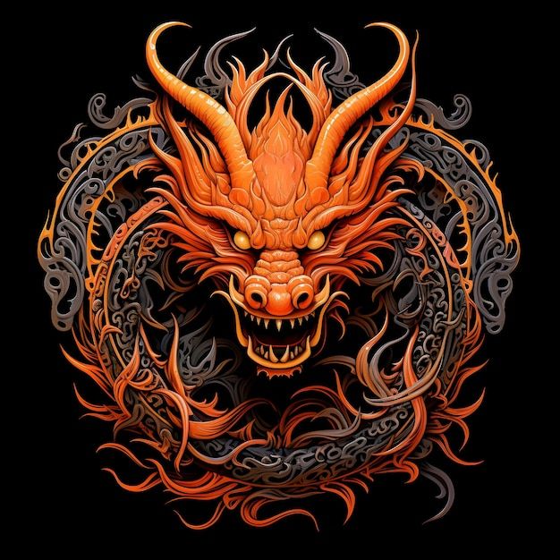 an orange and black dragon head on a black background