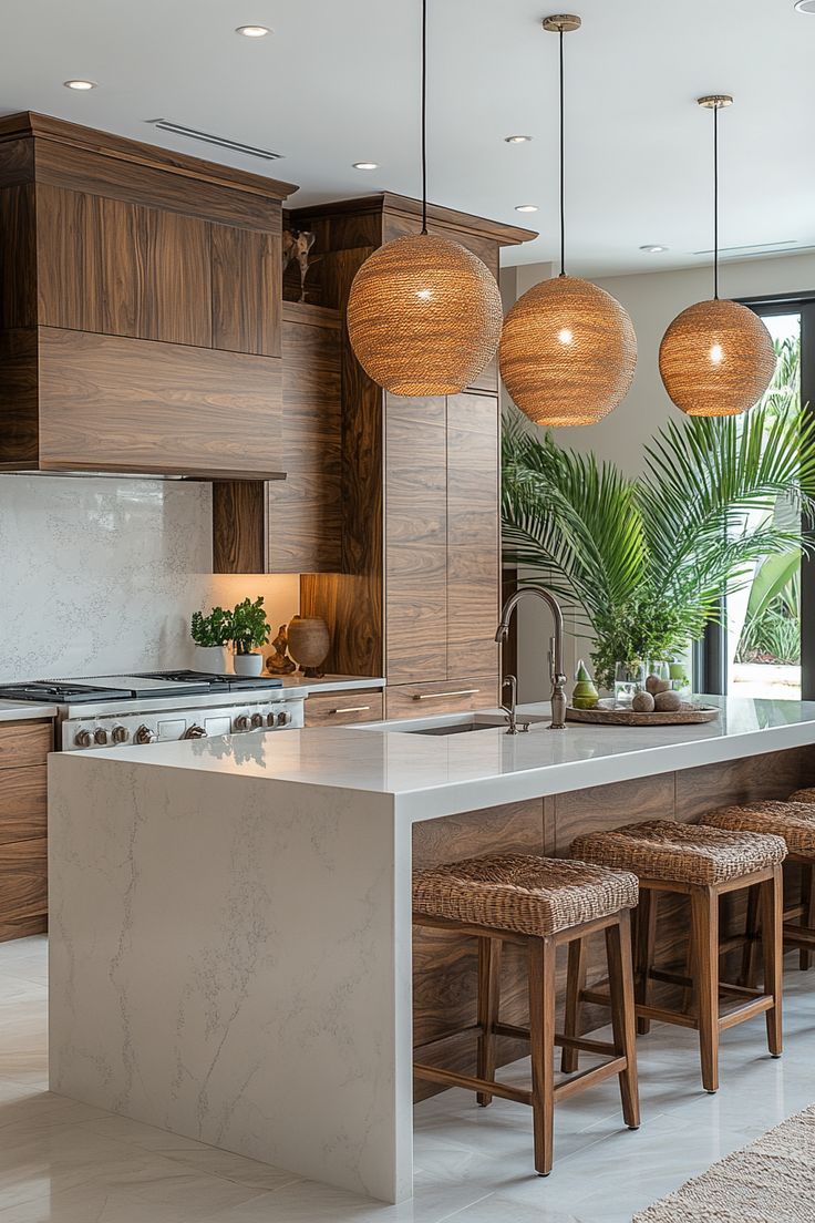 a modern kitchen with marble counter tops and wooden stools in front of the island