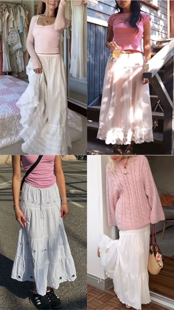 Hide Body Outfit, Outfits W Long Skirts, Maxi Skirt Style Ideas, Long White Skirt Outfit Ideas Modest, White Tiered Maxi Skirt Outfit, Long White Skirt Outfit Summer, Long Skirt Summer Outfit, Maxi White Skirt Outfit, Long Skirt Girly Aesthetic