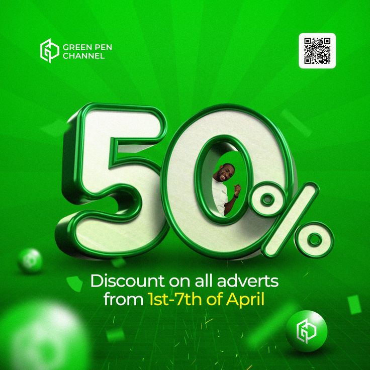 an advertisement for green channel 50 % discount on all adverts from 1st - 7th of april