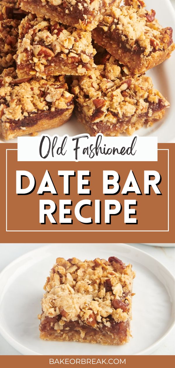 an old fashioned date bar recipe on a white plate