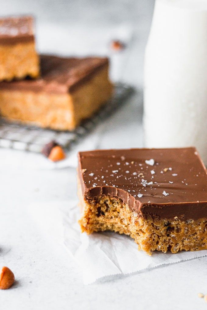 two pieces of chocolate and peanut butter bars