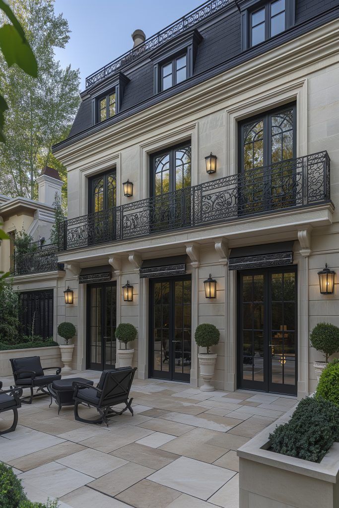 an outdoor patio with seating and potted plants in front of a large building that has many windows