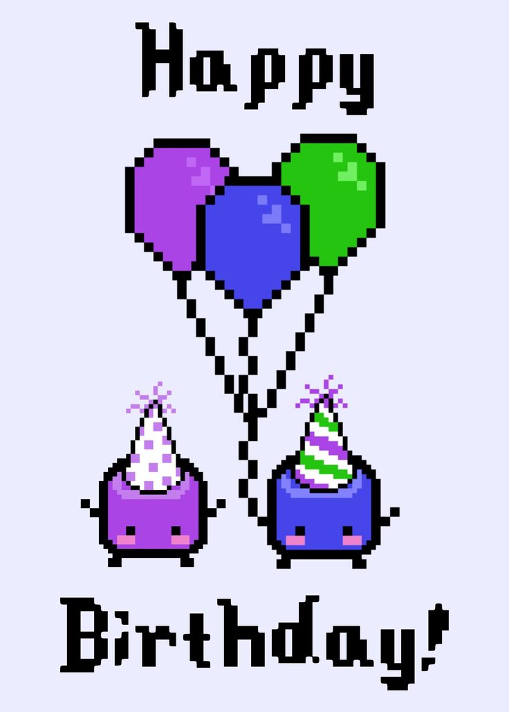 Purple and blue junimos from state valley wearing party hats, holding balloons, and saying happy birthday! Stardew Valley Themed Birthday Party, Stardew Valley Birthday Cake, Stardew Valley Birthday Card, Stardew Valley Birthdays, Stardew Valley Birthday Party, Stardew Valley Party, Junimos Stardew Valley, Stardew Valley Gifts, Stardew Valley Layout