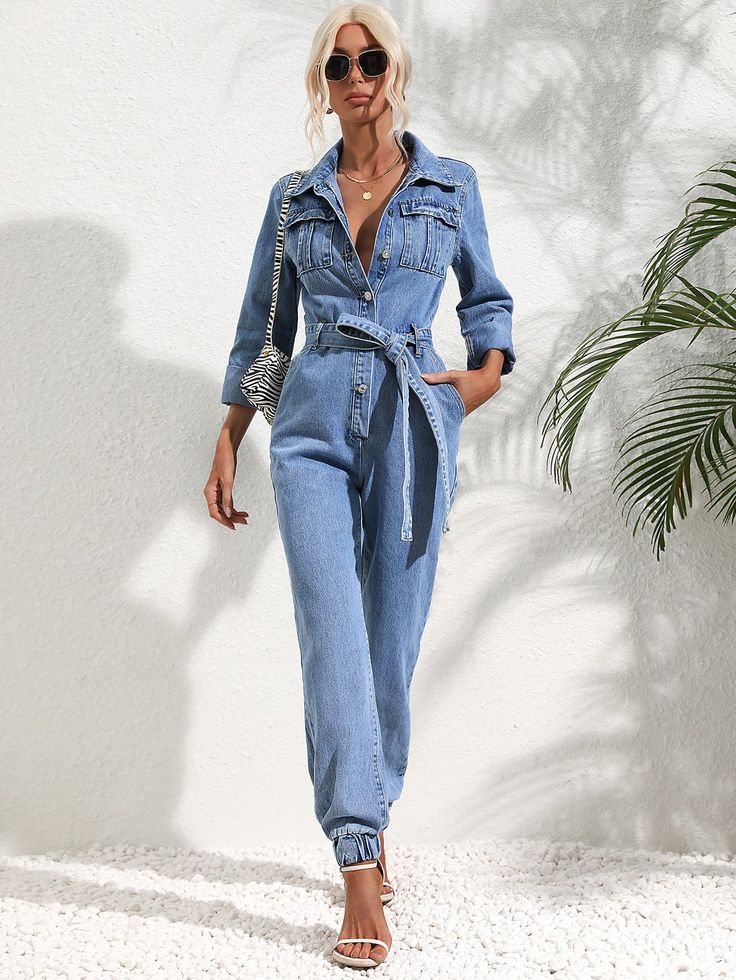 F00167546-104 Blue Jean Jumpsuit, Womens Denim Jumpsuit, Trendy Jumpsuit, Jumpsuit Casual, Jeans Overall, Denim Patterns, Cardigan Long, Casual Jumpsuit, Jumpsuit With Sleeves