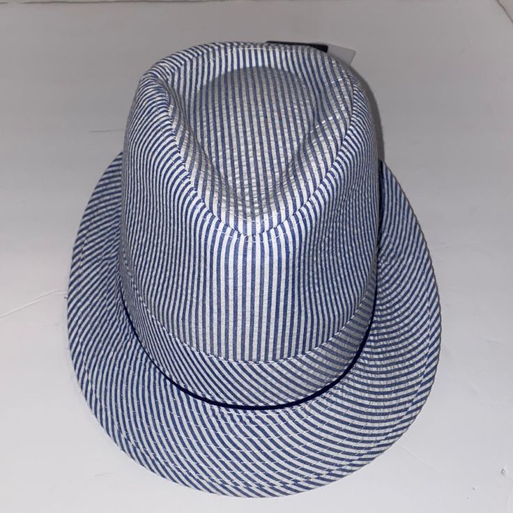 Pamoa Hat, Blue And White, Side L/Xl, Seersucker With Tags, Never Worn, Good Condition Casual Blue Fedora With Wide Brim, Casual Blue Wide Brim Fedora, Casual Adjustable Blue Fedora, Casual Blue Fedora Sun Hat, Casual Blue Fedora Hat, Casual Blue Fedora With Short Brim, Spring Navy Adjustable Hats, Casual Blue Fedora For Summer, Casual Striped Fedora Straw Hat