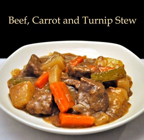 beef, carrots and turnip stew in a white bowl with the title above it