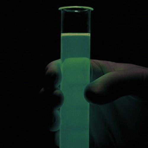 a hand holding a tube with liquid in it and glowing green on the inside,