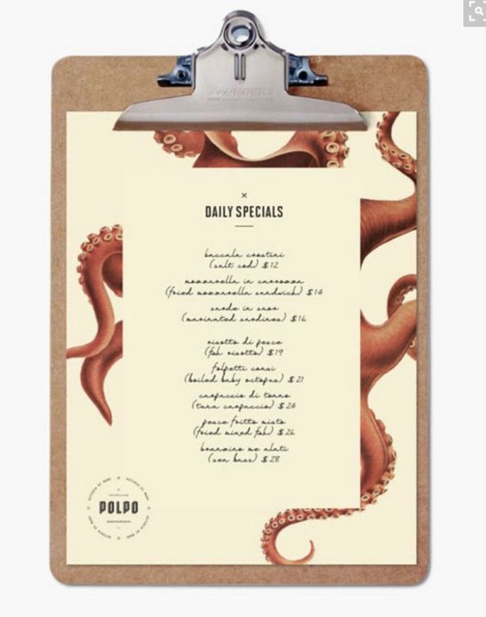 a clipboard with an octopus on it and the words daily specials written in cursive writing