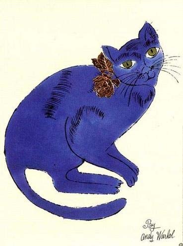 a drawing of a blue cat with a gold bow on it's collar and tail