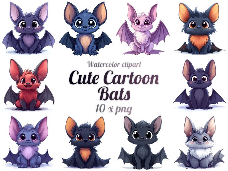 cute cartoon bats with different colors and sizes for each character in the video game watercolor clipart