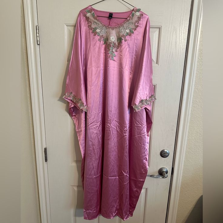 Shein Rose Colored Embroidered Kaftan. This Kuttie Is Nwot And So Beautiful And Comfortable. Can Be Dressed Up Or Down. Size Is One Size (Should Fit Up To 24-26) Pink Long Kaftan For Party, Long Pink Kaftan For Party, Long Pink Embroidered Dress, Traditional Embroidered Satin Dress, Long Pink Embellished Dress, Pink Embroidered Kaftan For Wedding, Festive Pink Satin Dress, Long Pink Dress With Resham Embroidery, Pink Floral Embroidered Kaftan For Summer